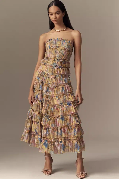 Mac Duggal Strapless Tiered Ruffled A-line Midi Dress In Multicolor