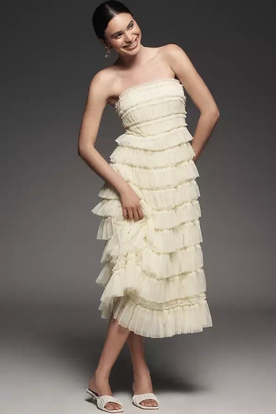Mac Duggal Strapless Tiered Ruffled Midi Dress In Yellow