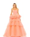 Mac Duggal Strapless Tulle Gown With Feather Detail In Pink