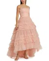 Mac Duggal Strapless Tulle Ruffle Gown In Pink