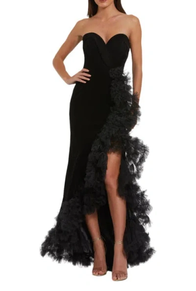 Mac Duggal Strapless Velvet Mermaid Gown With Ruffle Slit In Black