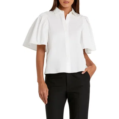 Mac Duggal Stretch Cotton Flare Ruffle Sleeve Button Up Top In White