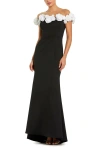 Mac Duggal Stretch Crepe Mermaid Gown With 3d Flowers In Black Cream