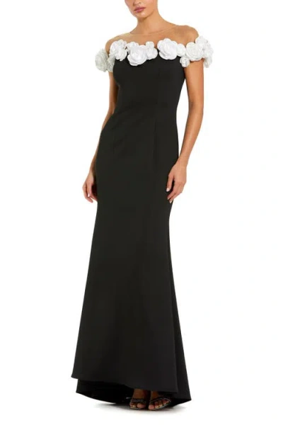 Mac Duggal Stretch Crepe Mermaid Gown With 3d Flowers In Black Cream