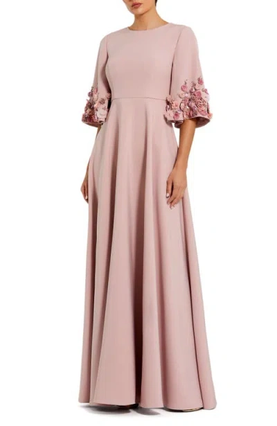 MAC DUGGAL MAC DUGGAL CREPE 3/4 SLEEVE 3D FLOWER TRIM A LINE GOWN