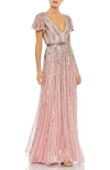 Mac Duggal Stripe Sequin V-neck Gown