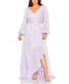 Mac Duggal Striped Faux Wrap Bishop Sleeve Gown In Lilac