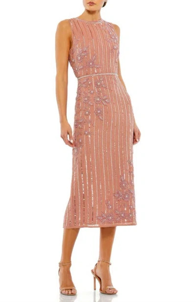 Mac Duggal Striped Floral Embellished Sleeveless Midi Dress In Rose