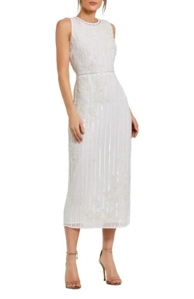 Mac Duggal Striped Floral Embellished Sleeveless Midi Dress In White