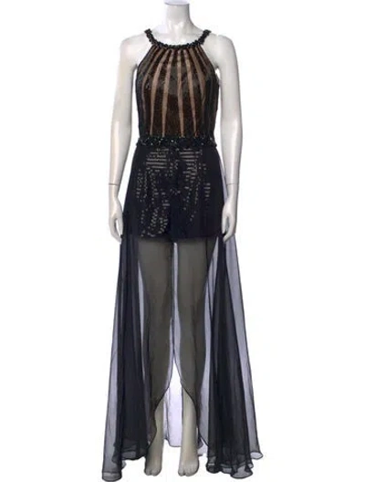 Pre-owned Mac Duggal Striped Long Dress In Black