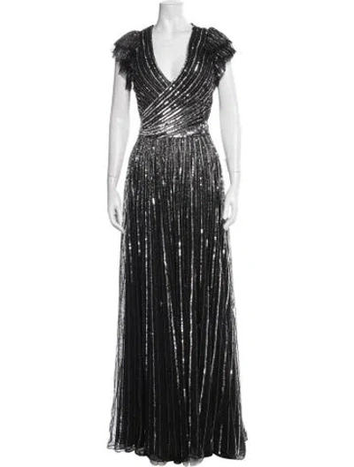 Pre-owned Mac Duggal Striped Long Dress In Black