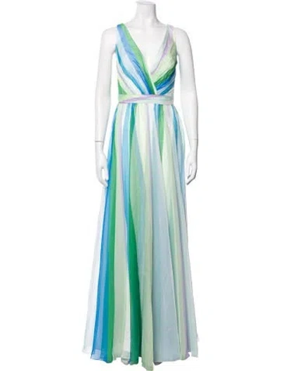 Pre-owned Mac Duggal Striped Long Dress In White
