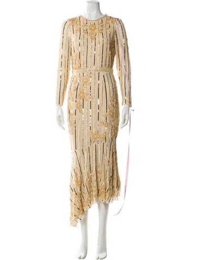 Pre-owned Mac Duggal Striped Midi Length Dress In Gold