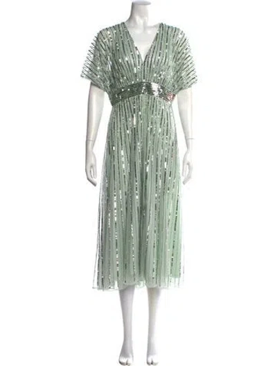 Pre-owned Mac Duggal Striped Midi Length Dress In Green