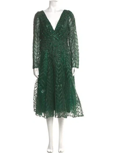 Pre-owned Mac Duggal Striped Midi Length Dress In Green