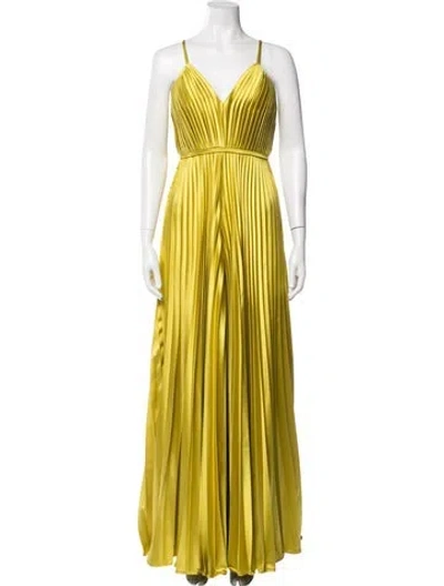 Pre-owned Mac Duggal Striped Plunge Neckline Jumpsuit In Yellow