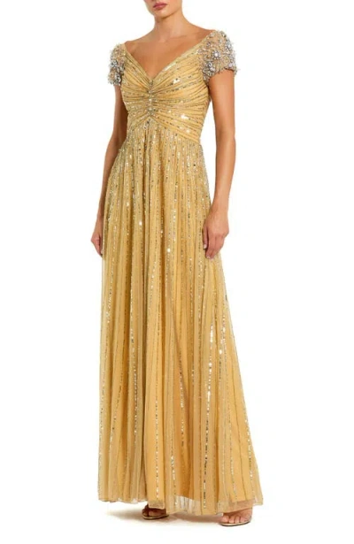 Mac Duggal Striped Sequin Mesh Gown With Beaded Shoulders