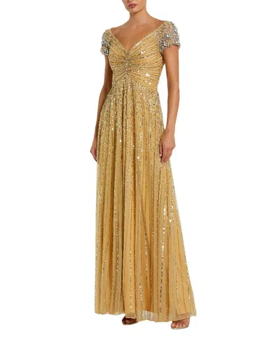 Mac Duggal Striped Sequin Mesh Gown With Beaded Shoulders In Gold