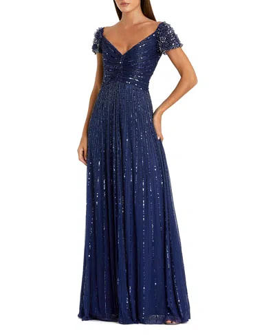 Mac Duggal Striped Sequin Mesh Gown With Beaded Shoulders In Blue