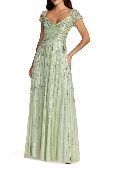 Mac Duggal Striped Sequin Mesh Gown With Beaded Shoulders In Green