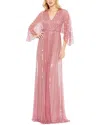 Mac Duggal Beaded Striping Kimono Sleeve V Neck Gown In Pink