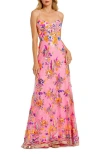 Mac Duggal Floral Sequin Lace Gown With Sweetheart Neckline In Pink Multi