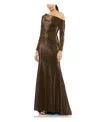Mac Duggal Metallic One Shoulder Long Sleeve Trumpet Gown In Chocolate