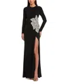 Mac Duggal Thigh High Slit Embellished Flower Detail Jersey Gown In Black