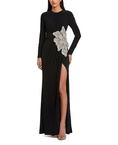 Mac Duggal Thigh High Slit Embellished Flower Detail Jersey Gown In Black