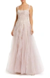 Mac Duggal Thin Strap Bustier Tulle Gown With Ruffle Skirt