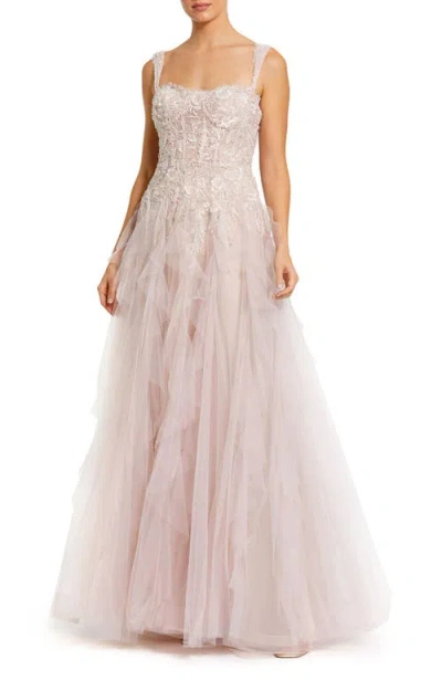 Mac Duggal Thin Strap Bustier Tulle Gown With Ruffle Skirt