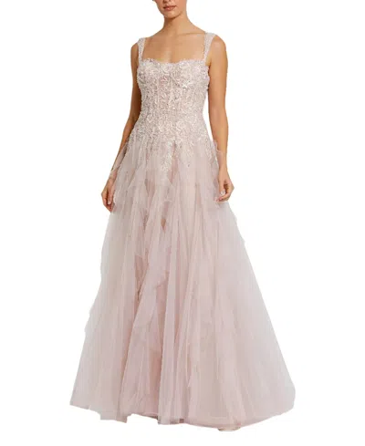 Mac Duggal Thin Strap Bustier Tulle Gown With Ruffle Skirt In Porcelain Multi