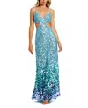 Mac Duggal Thin Strap Cut Out Gown With Ombre Sequins In Ice Blue