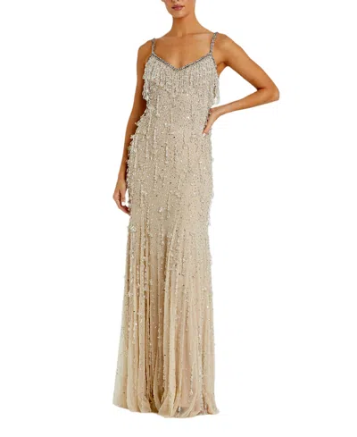 Mac Duggal Thin Strap Net Embellished V Neck Gown In Nude Silver