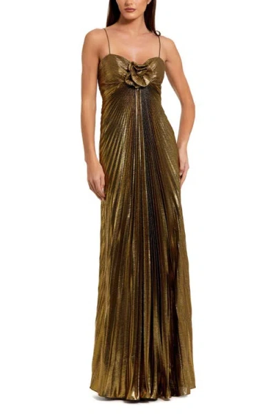 MAC DUGGAL MAC DUGGAL THIN STRAP PLEATED METALLIC GOWN WITH 3D FLOWER