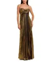 Mac Duggal Thin Strap Pleated Metallic Gown With 3d Flower In Antique Gold