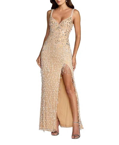 Mac Duggal Thin Strap V- Neck Mesh Gown With Fringe Beading In Neutral