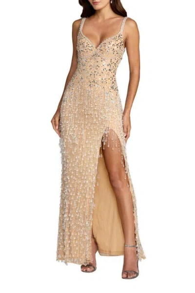 Mac Duggal Thin Strap V-neck Fringe Beaded Mesh Gown In Nude
