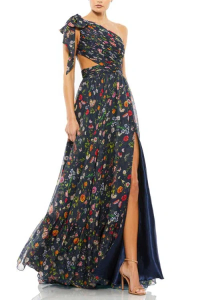 Mac Duggal Tied One Shoulder Cut-out Flowy Gown In Navy Multi
