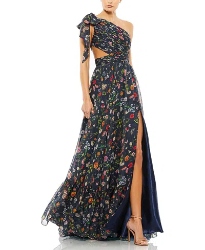 Mac Duggal Tied One Shoulder Cut-out Flowy Gown In Navy Multi