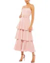 Mac Duggal Belted Tiered Ruffle Sleeveless Midi Dress In Pink