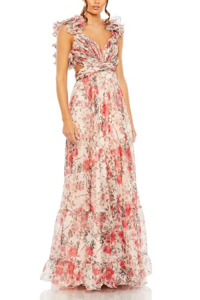 Mac Duggal Tiered Floral Chiffon Gown With Ruffle Accents And Open Back
