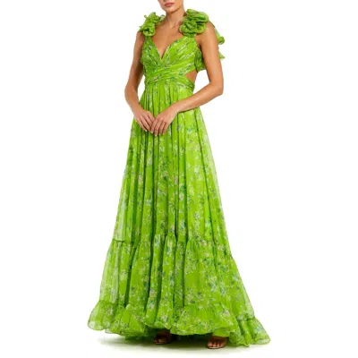 Mac Duggal Tiered Floral Cut-out Chiffon Gown In Metallic