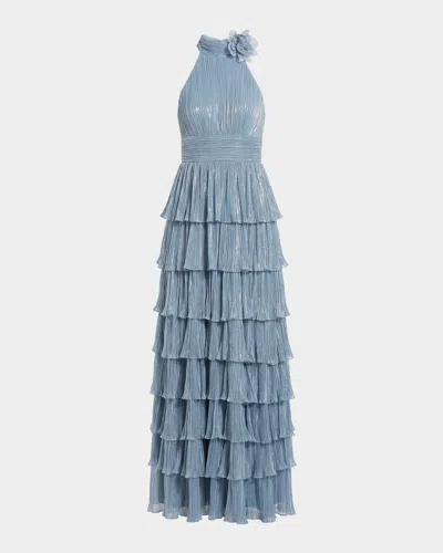 Mac Duggal Tiered Pleated Metallic Halter Gown In Blue