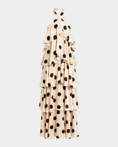 Mac Duggal Tiered Ruffle Polka Dot Charmeuse Gown In Cream Black In Neutral