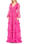 Mac Duggal Cascade Ruffle Long Sleeve A-line Gown In Fuchsia