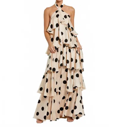 Mac Duggal Tiered Ruffle Polka Dot Charmeuse Gown In Cream Black In Neutral