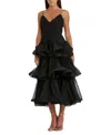 Mac Duggal V Neck Tiered Ruffle Midi Dress In Black