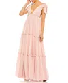 Mac Duggal Tiered V-neck Plunging Maxi Dress In Blush