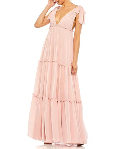 Mac Duggal Tiered V-neck Plunging Maxi Dress In Blush